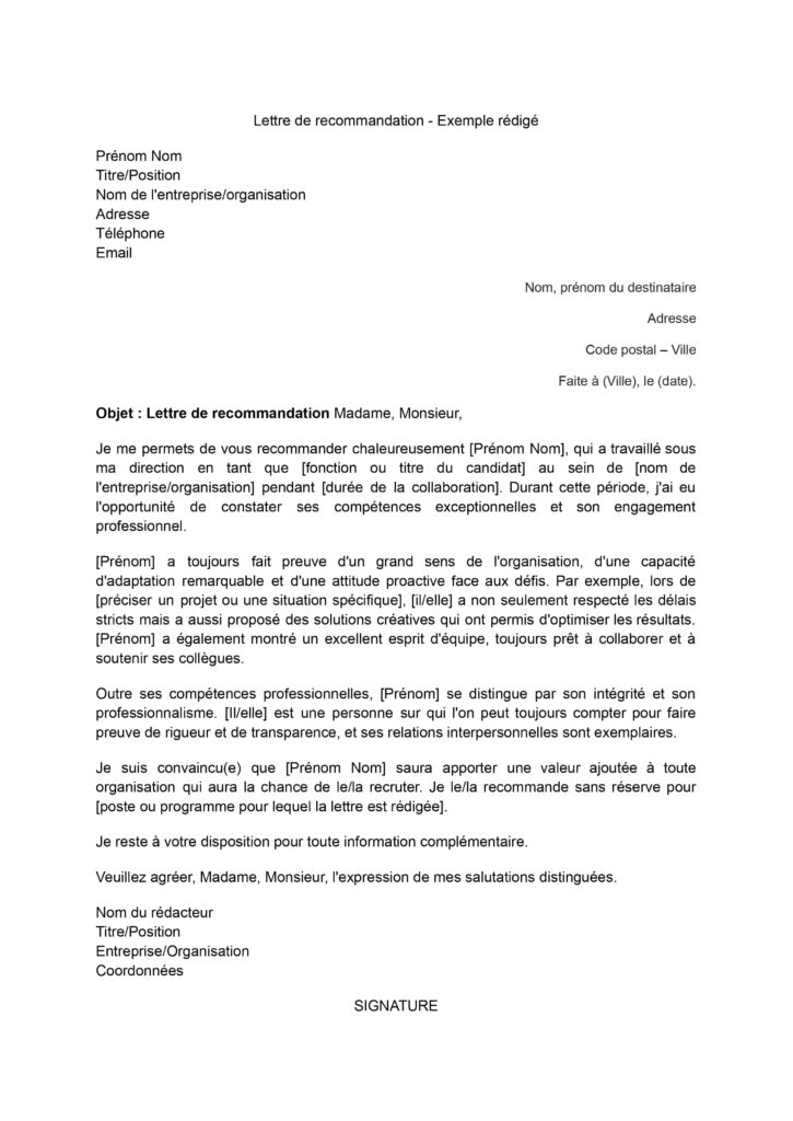 Lettre de recommandation - Exemple rédigé
