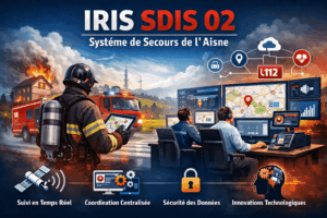 Iris SDIS 02 Aisne : sapeur-pompier avec tablette, centre de commandement numérique, camions d'urgence, suivi en temps réel et coordination des interventions de secours