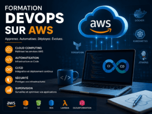 Infographie sur la formation DevOps AWS avec cloud computing, automatisation, CI/CD et outils comme Docker et Kubernetes